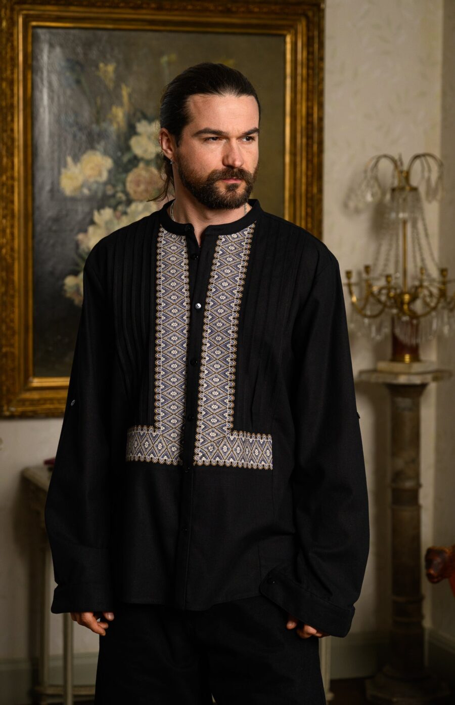 Cămașă stilizată cu vestă din jacquard țesut cu motive tradiționale Dimitrie - IIANA