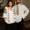 Ie stilizată albă din in și jacquard etnic țesut Lucia - IIANA