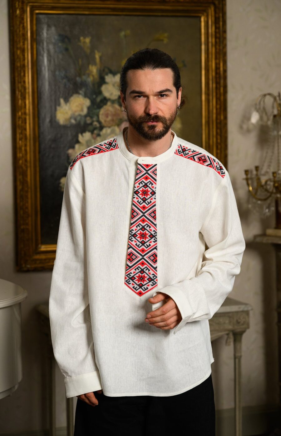 Cămașa stilizată cu cravată și epoleți din jacquard țesut cu motive tradiționale Gruia - IIANA