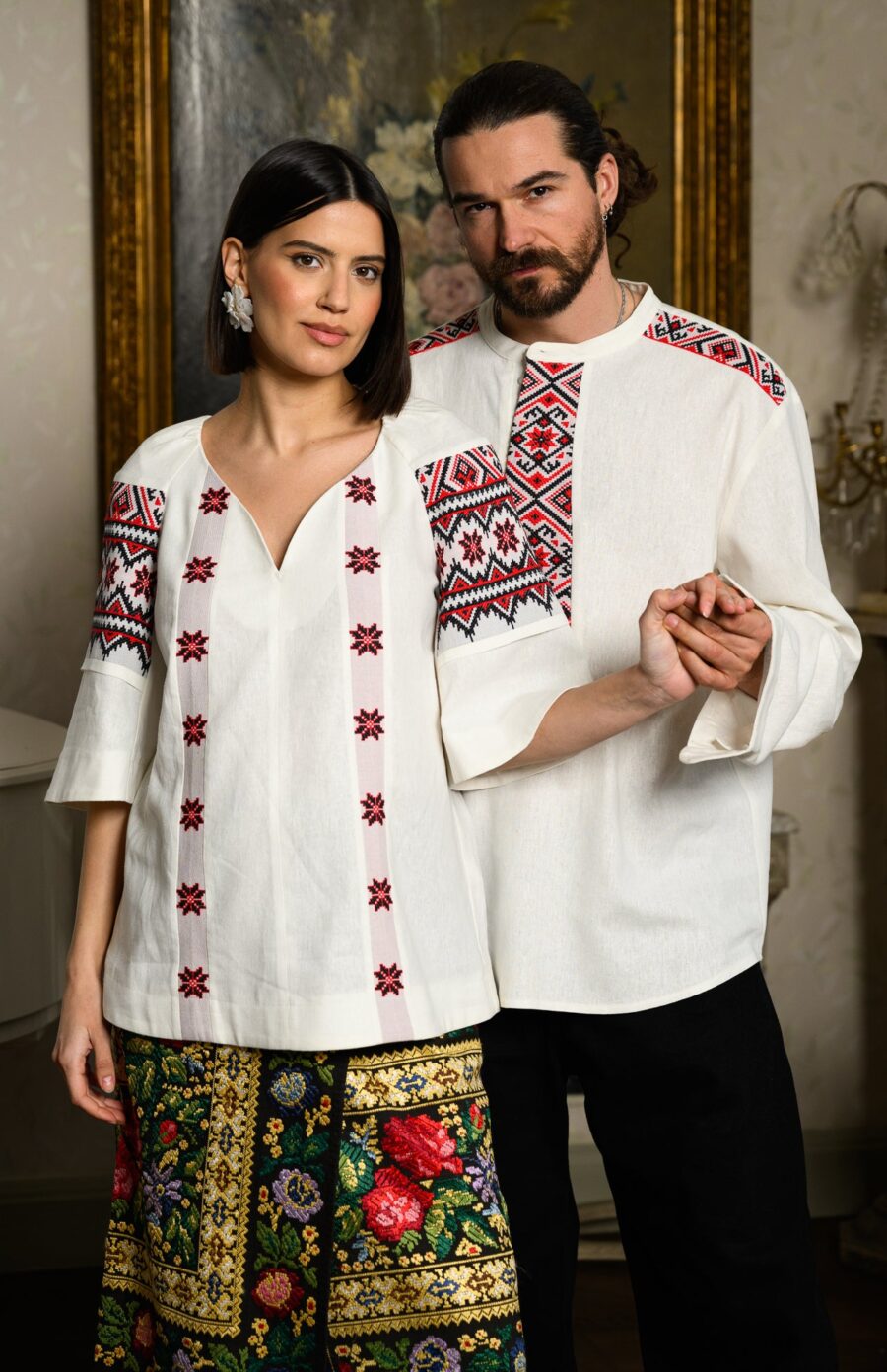 Ie stilizată albă din in și jacquard etnic țesut Camelia - IIANA