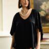 Bluză neagră stil capă cu broderie florală - IIANA