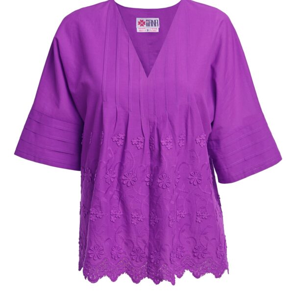 Bluza kimono violet din batist de bumbac și broderie tridimensională - IIANA