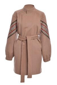 Jacheta Spirala Cu Broderie Folk din Stofa De Lana Si Casmir Bej