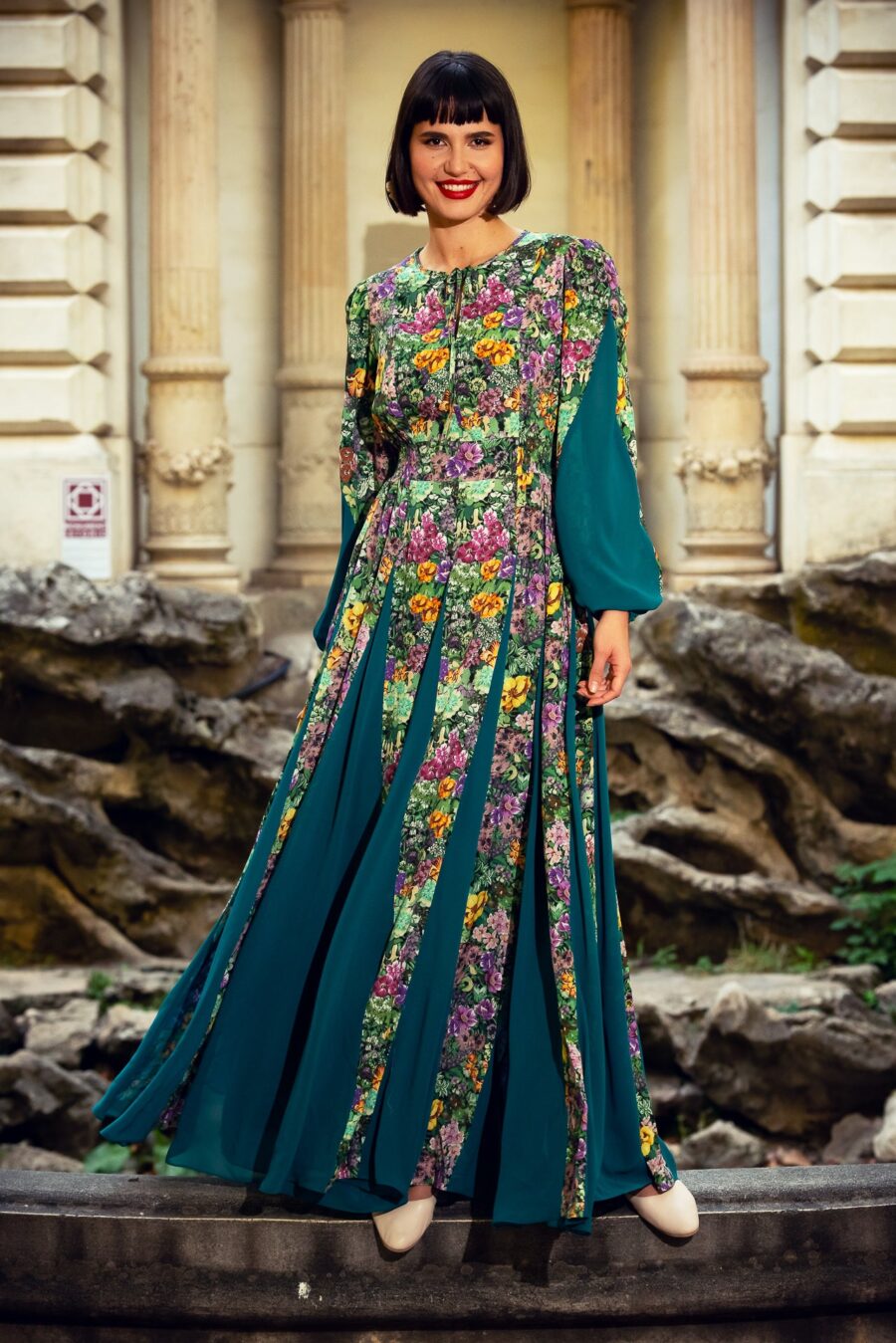 Rochie Statuara Verde cu Flori - IIANA