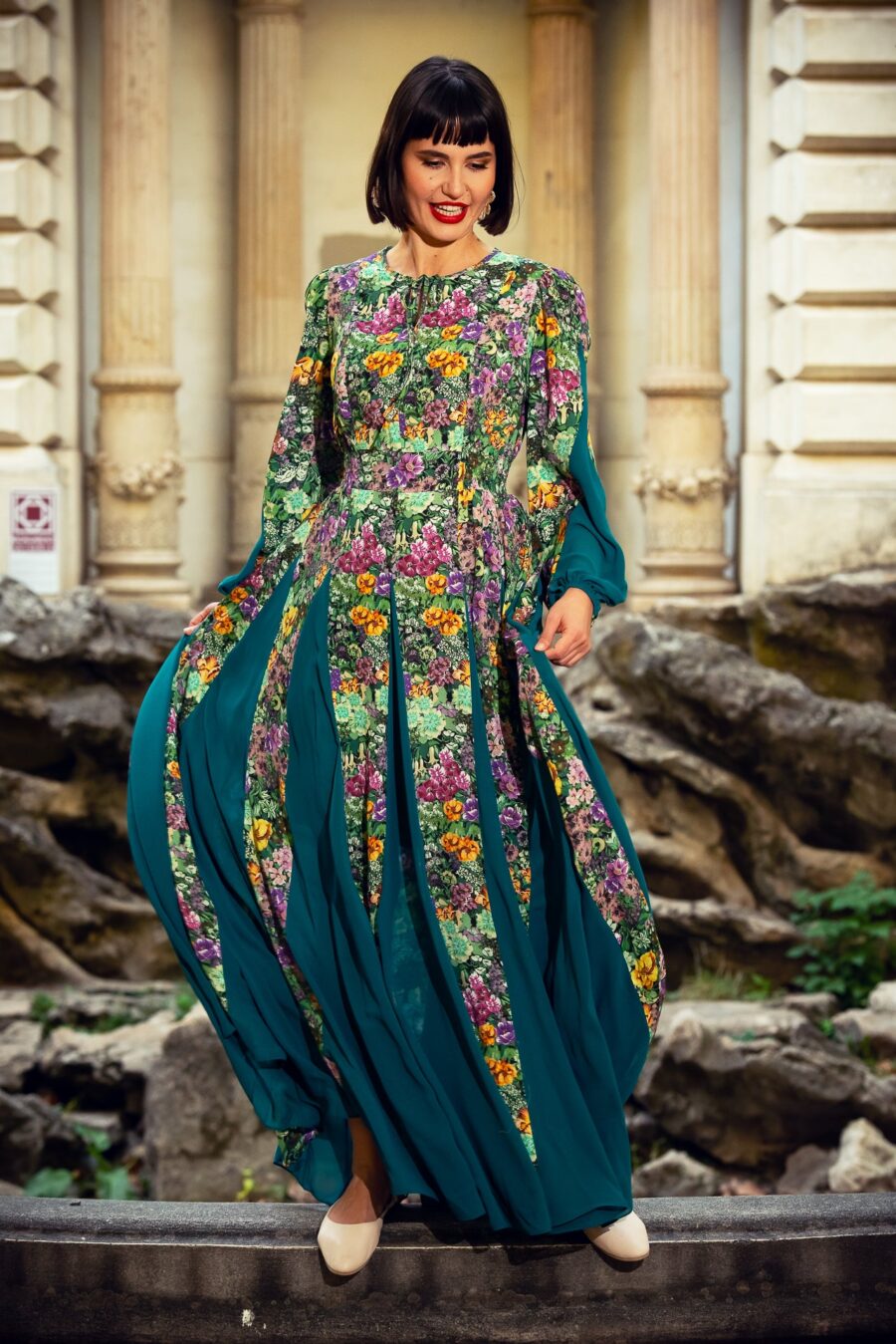 Rochie Statuara Verde cu Flori - IIANA