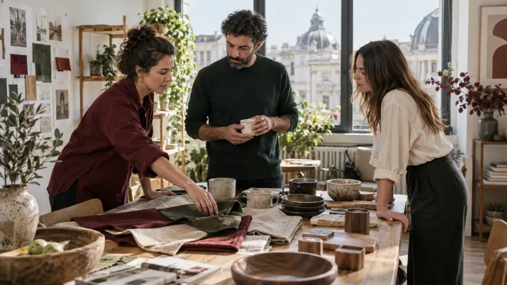 Antreprenori reuniți într-un studio luminos în jurul unor produse din ceramică, textile și lemn.