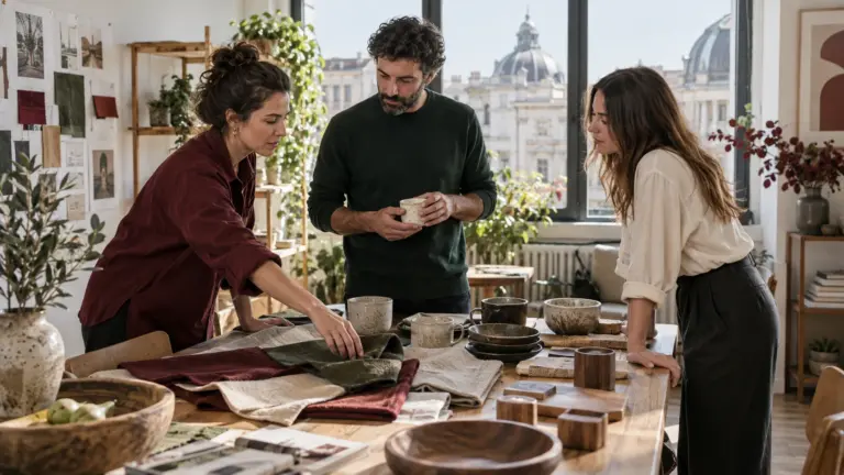Antreprenori reuniți într-un studio luminos în jurul unor produse din ceramică, textile și lemn.