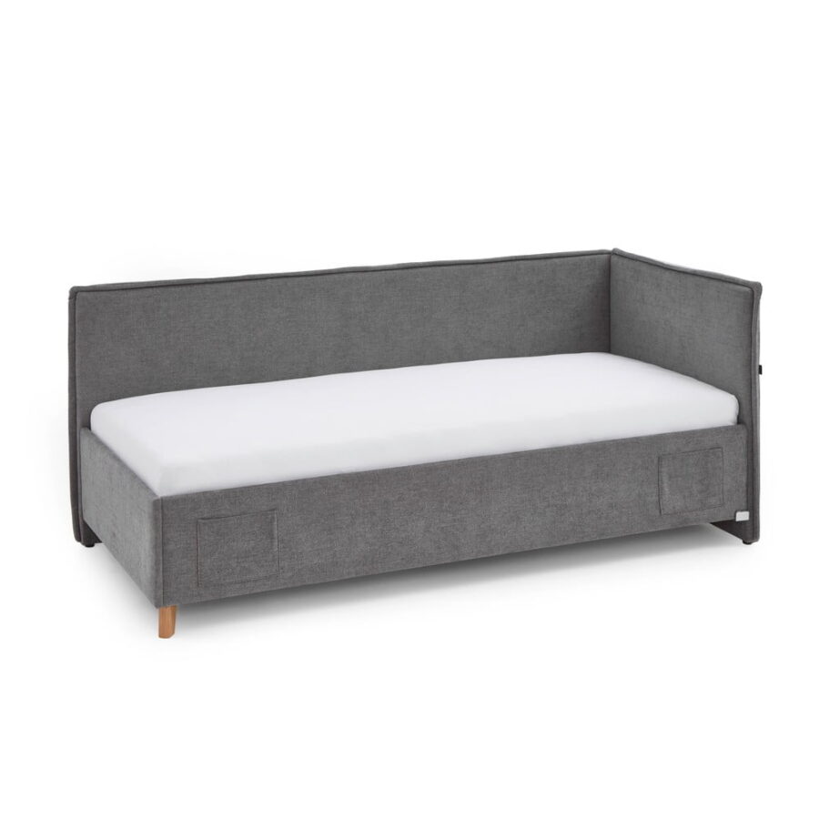Pat pentru copii gri pe colț tapițat cu spațiu de depozitare cu somieră 90x200 cm Fun – Meise Möbel