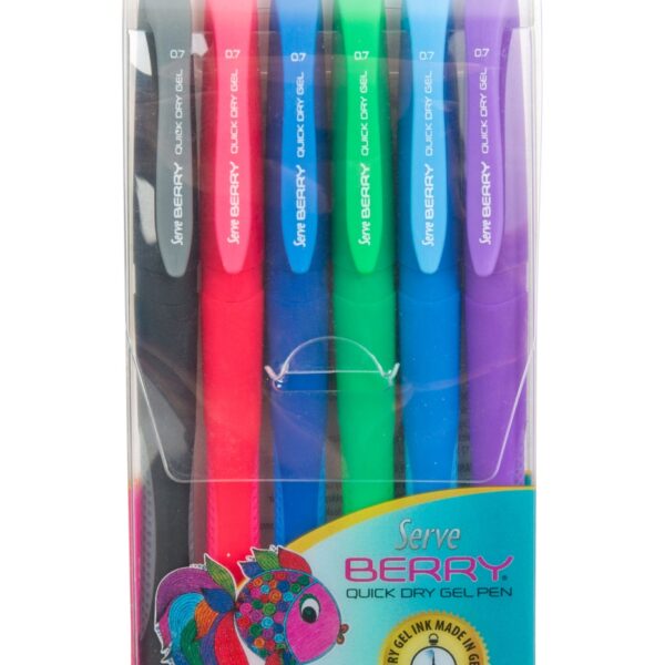 Pix cu gel Berry, 0.7 mm, set 6 bucati/blister (negru, rosu intens, albastru inchis, verde, albastru, violet)