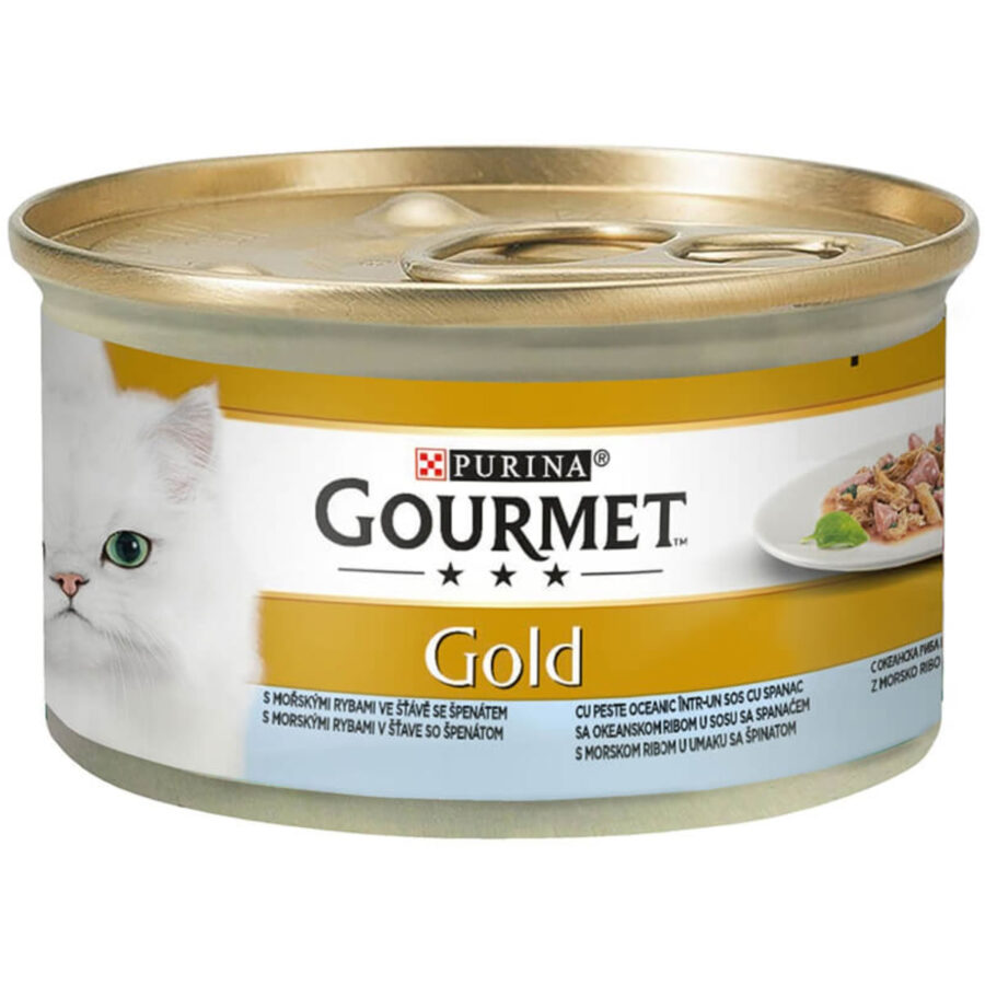 PURINA Gourmet Gold Double Pleasure, Pește oceanic cu Spanac, conservă hrană umedă pisici, în sos, 85g