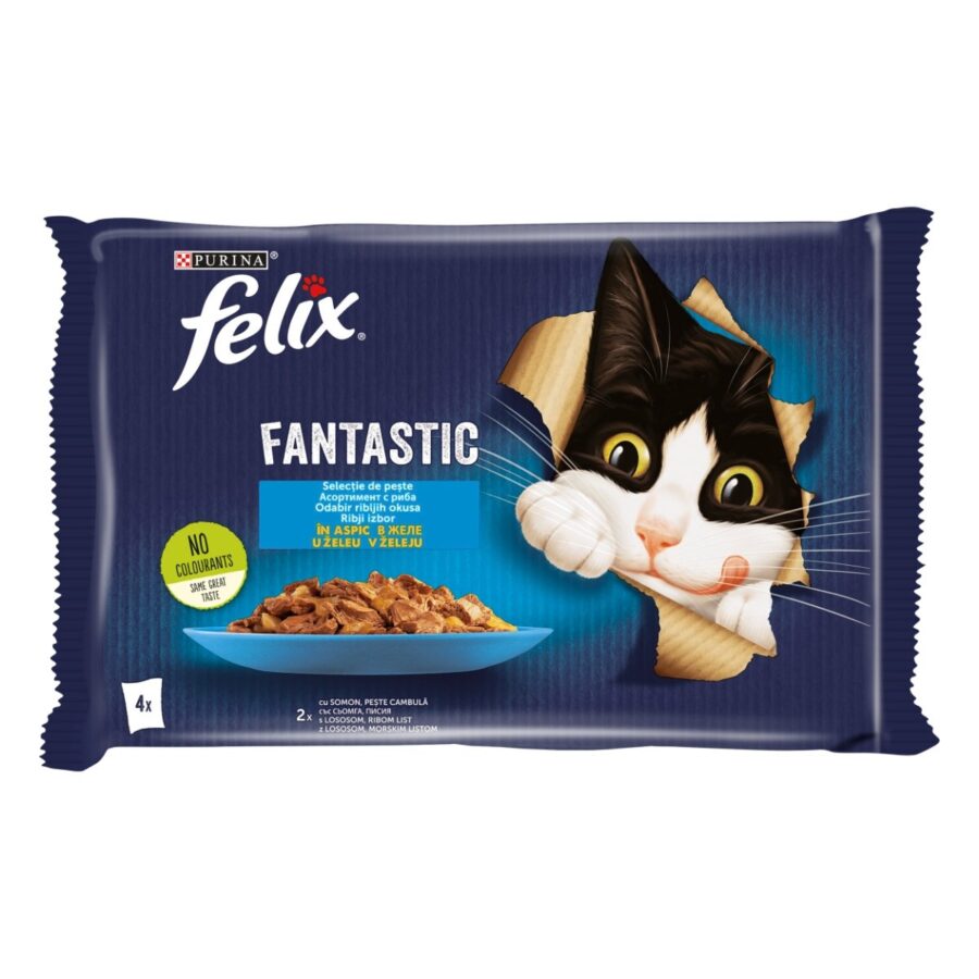 PURINA Felix Fantastic, 2 arome (Somon și Peste Cambula), pachet mixt, plic hrană umedă pisici, în aspic, 4 × 85 g