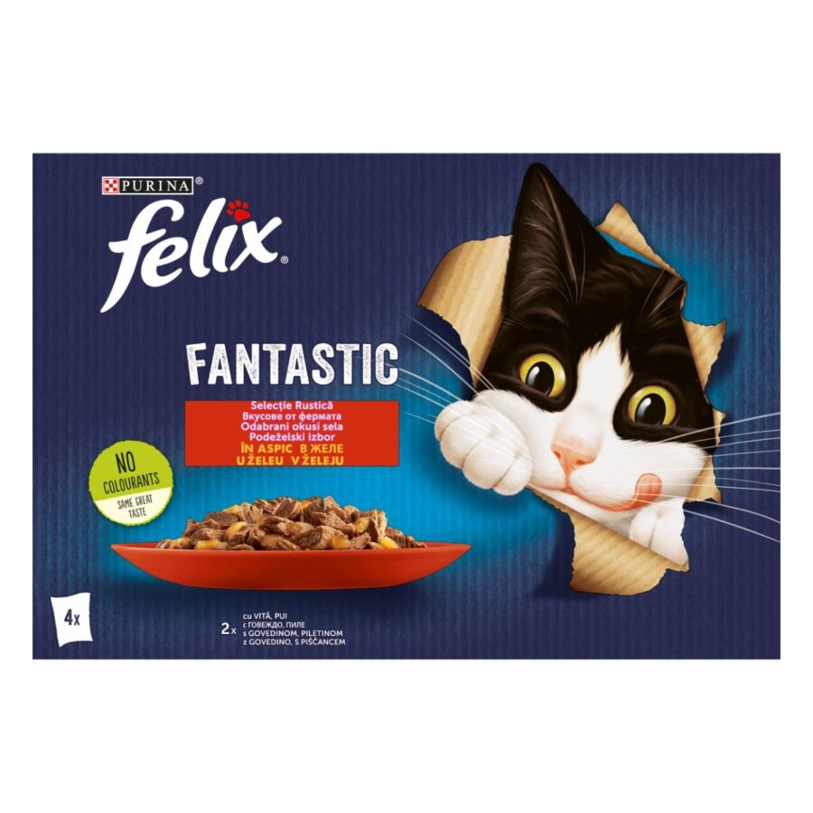 PURINA Felix Fantastic, 2 arome (Vita și Pui), pachet mixt, plic hrană umedă pisici, în aspic, 4 × 85 g