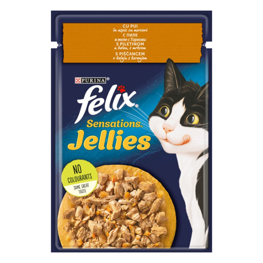 PURINA Felix Sensations, Pui cu Morcov, hrană umedă pisici, în aspic PURINA Felix Sensations, Pui cu Morcov, plic hrană umedă pisici, în aspic, 85g