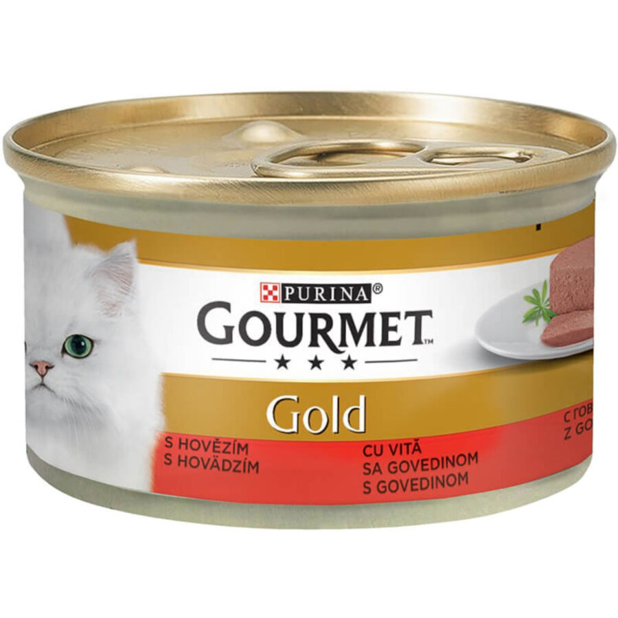 PURINA Gourmet Gold Mousse, Vită, conservă hrană umedă pisici, pate, 85g