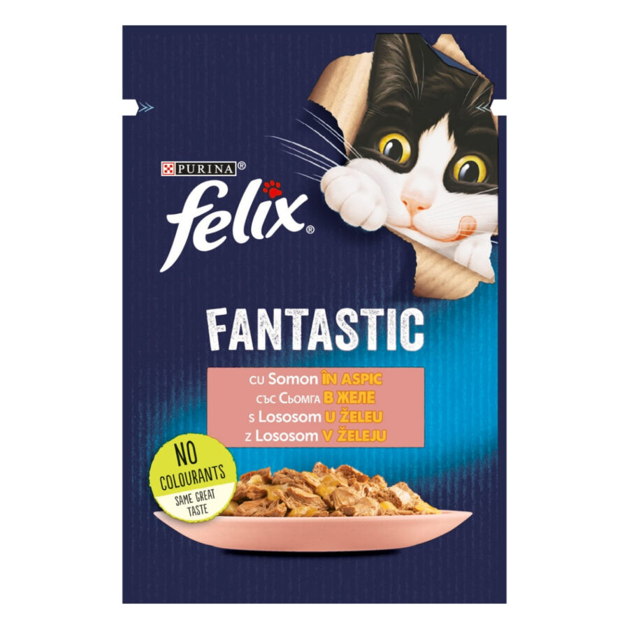 PURINA Felix Fantastic, Somon, hrană umedă pisici, în aspic PURINA Felix Fantastic, Somon, plic hrană umedă pisici, în aspic, 85g