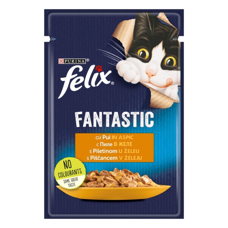 PURINA Felix Fantastic, Pui, hrană umedă pisici, în aspic PURINA Felix Fantastic, Pui, plic hrană umedă pisici, în aspic, 85g