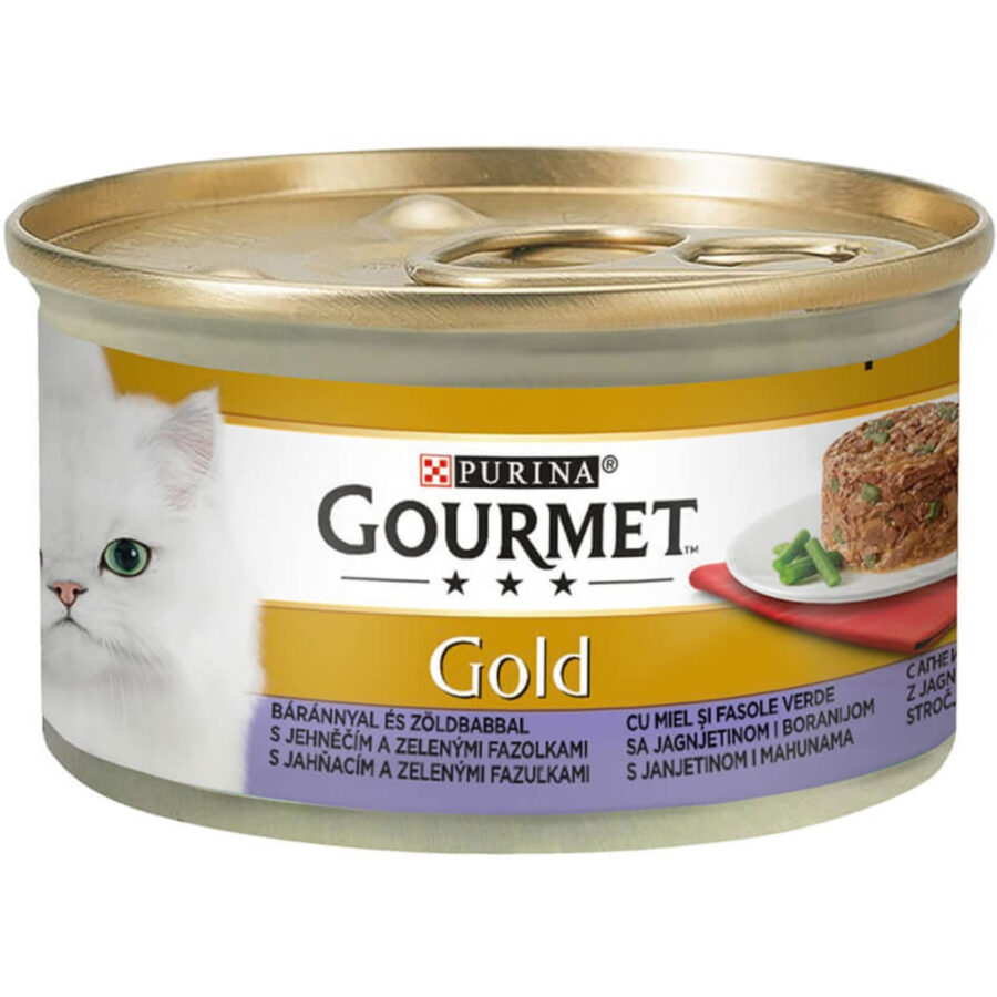 PURINA Gourmet Gold Savoury Cake, Miel cu Fasole verde, conservă hrană umedă pisici, bucăți de carne, 85g