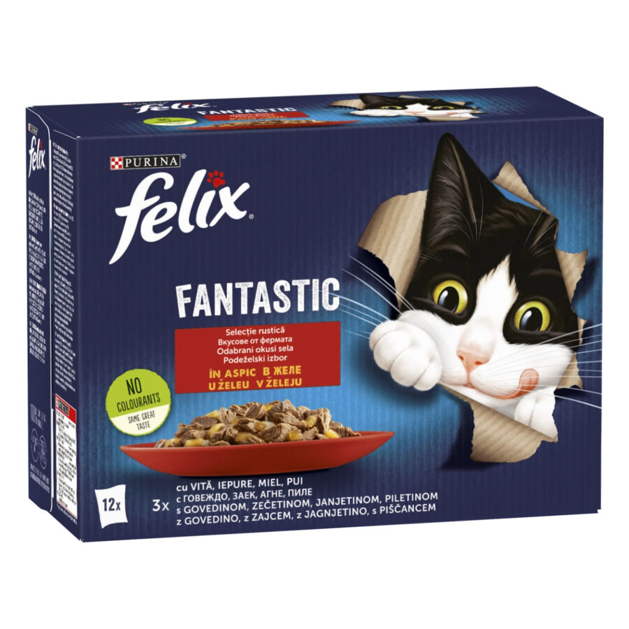 PURINA Felix Fantastic, 4 arome (Pui, Vita, Iepure, Miel), pachet mixt, plic hrană umedă pisici, în aspic, 12 × 85 g