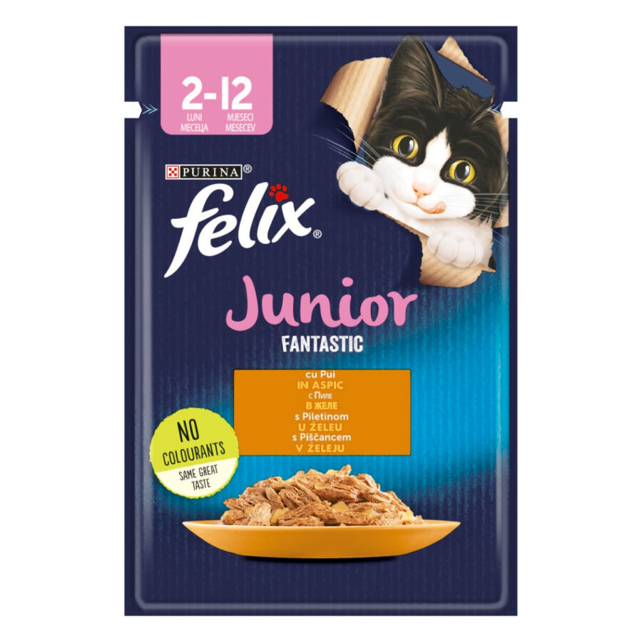 PURINA Felix Fantastic Junior, Pui, hrană umedă pisici junior, în aspic PURINA Felix Fantastic Junior, Pui, plic hrană umedă pisici junior, în aspic, 85g