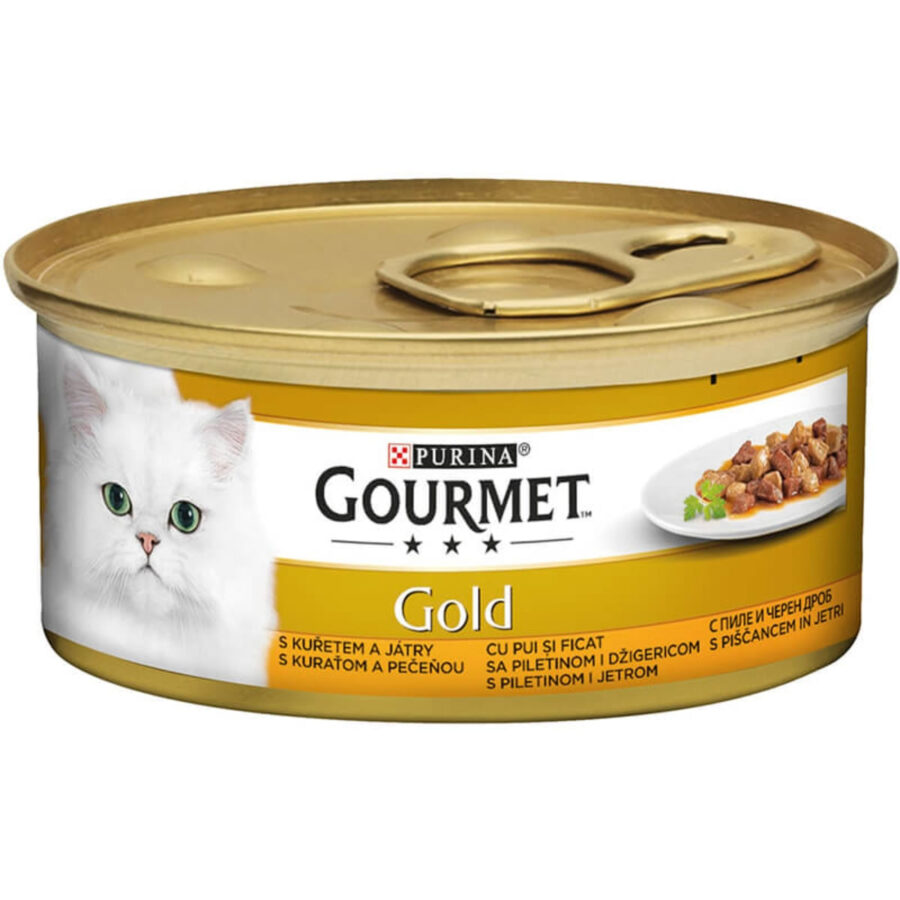 PURINA Gourmet Gold, Pui și Ficat, conservă hrană umedă pisici, bucăti în sos, 85g