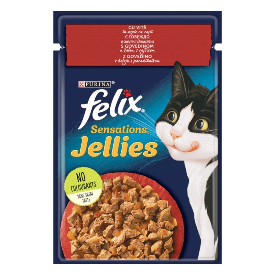 PURINA Felix Sensations, Vită cu Roșii, hrană umedă pisici, în aspic PURINA Felix Sensations, Vită cu Roșii, plic hrană umedă pisici, în aspic, 85g