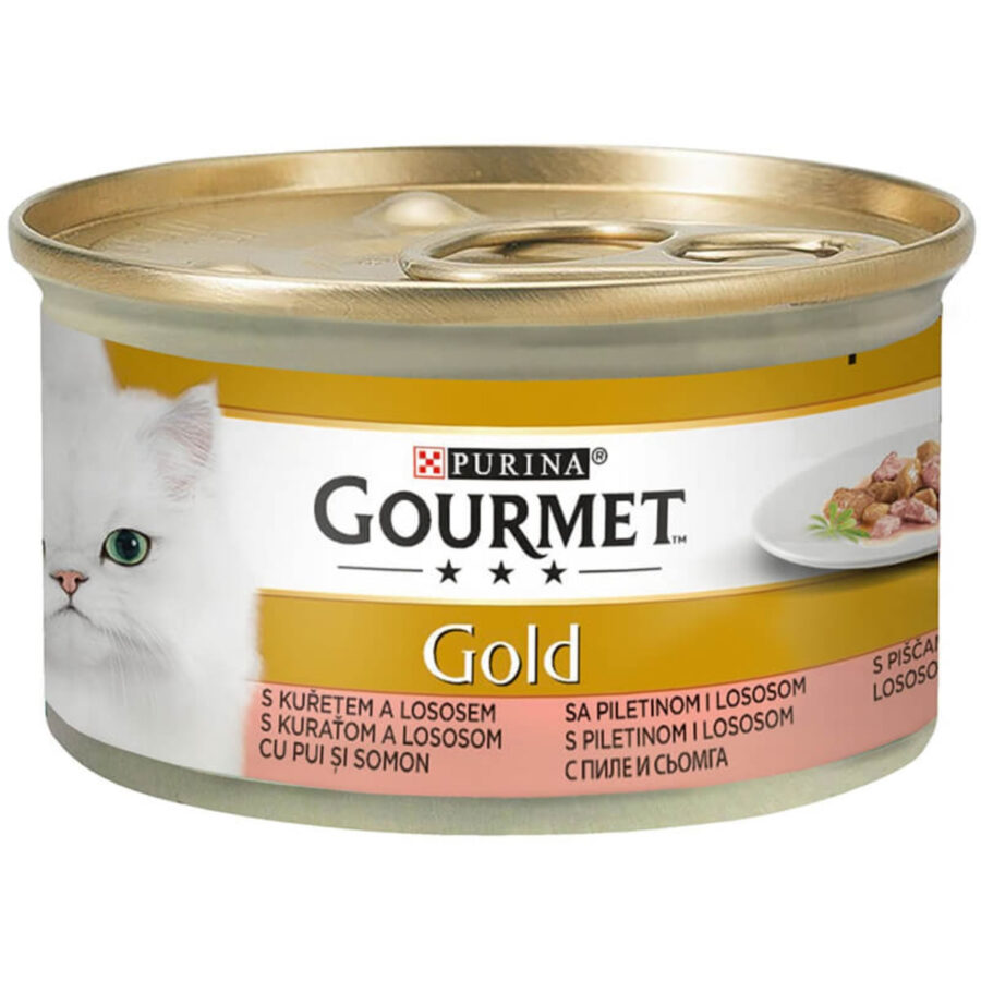 PURINA Gourmet Gold, Pui și Somon, conservă hrană umedă pisici, bucăti în sos, 85g