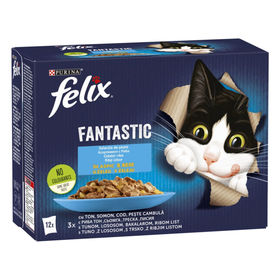 PURINA Felix Fantastic, 4 arome (Ton, Somon, Cod, Peste Cambula), pachet mixt, plic hrană umedă pisici, în aspic, 12 × 85 g