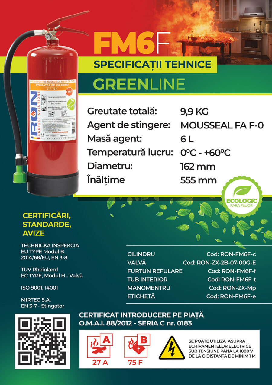 Stingător FM6F pentru bucătării, 6 L – clasa F