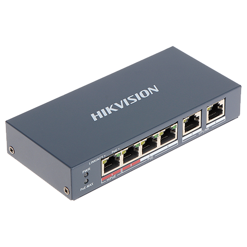 Exemplu din categoria Switch-uri PoE: Switch 4 porturi PoE+, 2 porturi uplink – HIKVISION DS-3E0106HP-E