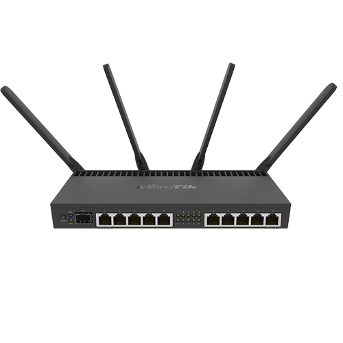 Exemplu din categoria Routere: Router 10 x Gigabit, 1 x SFP+ 10Gbps,PoE IN/OUT, RouterOS L5, Wi-Fi – Mikrotik RB4011iGS+5HacQ2HnD-IN