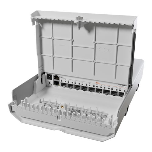 Switch netFiber 9, 4 x SFP+ 10G, 5 x SFP 1G, 1 x Gigabit (PoE-In), outdoor – MikroTik CRS310-1G-5S-4S+OUT