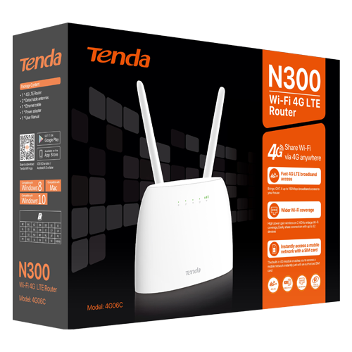Router LTE 4G Wireless 2 x 10/100 Mbps, SIM, 802.11 b/g/n 2.4Ghz, 300Mbps – TENDA TND-4G06C