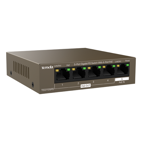 Switch 4 x RJ45, PoE OUT, 1 x PoE IN, Gigabit – TENDA TND-TEG1105PD