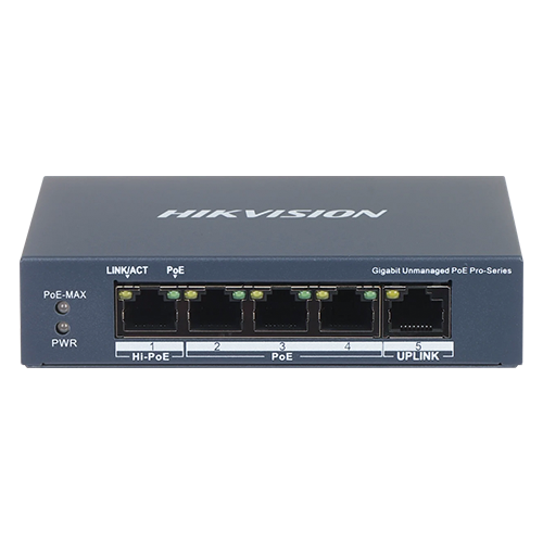 Switch 4 porturi PoE Gigabit, 1 port Hi-PoE, 1 port uplink 1G – HIKVISION DS-3E0505HP-E