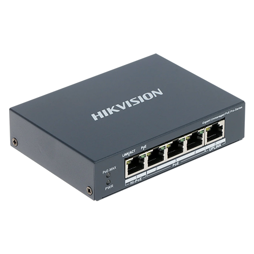 Switch 4 porturi PoE Gigabit, 1 port Hi-PoE, 1 port uplink 1G – HIKVISION DS-3E0505HP-E