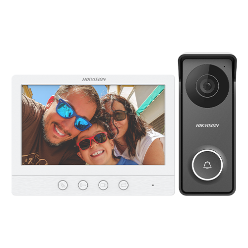 Kit videointerfon analogic, ecran 7′, conectare 4 fire pentru 1 familie, IR, IK08 – HIKVISION DS-KIS213