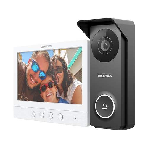 Kit videointerfon analogic, ecran 7′, conectare 4 fire pentru 1 familie, IR, IK08 – HIKVISION DS-KIS213