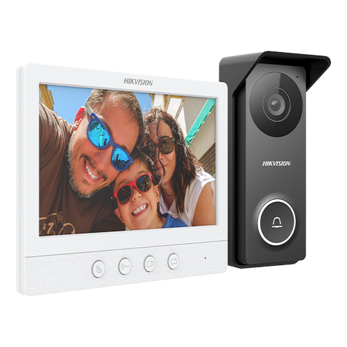 Kit videointerfon analogic, ecran 7′, conectare 4 fire pentru 1 familie, IR, IK08 – HIKVISION DS-KIS213