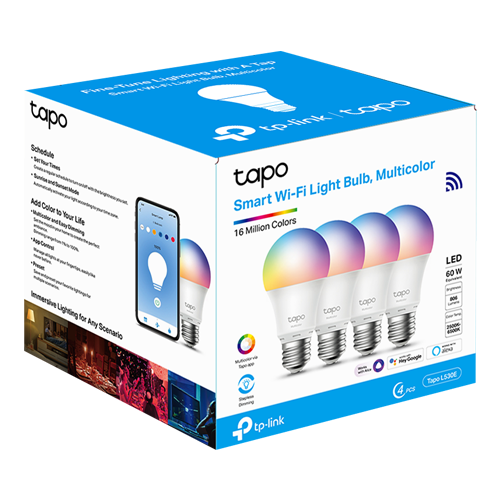 Set 4 becuri smart Wi-Fi, RGB, intensitate ajustabila, 2700-6500K, 806 lm, E27 – TP-Link Tapo TapoL530E(4-pack)