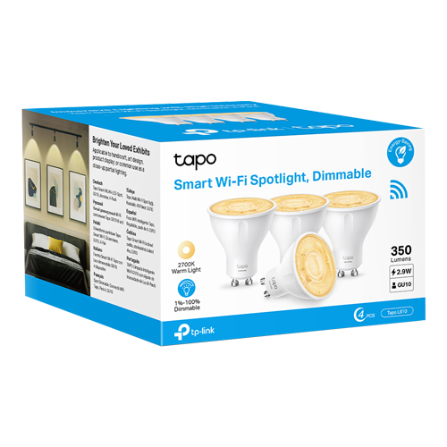 Set 4 becuri smart Wi-Fi, lumina calda 2700K ajustabila, 350 lm, GU10 – TP-Link Tapo TapoL610(4-pack)