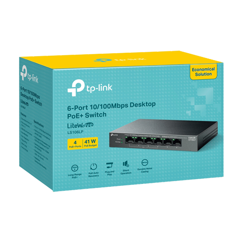 Switch LiteWave, 4 x RJ45 10/100 Mbps PoE, 2 x RJ45 10/100 Mbps, Buget PoE 41W, Unmanaged – TP-Link LS106LP