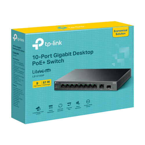 Switch LiteWave, 8 x RJ45 1G PoE, 1 x SFP 1G, 1 x RJ45 1G, Buget PoE 61W, Unmanaged – TP-Link LS1210GP