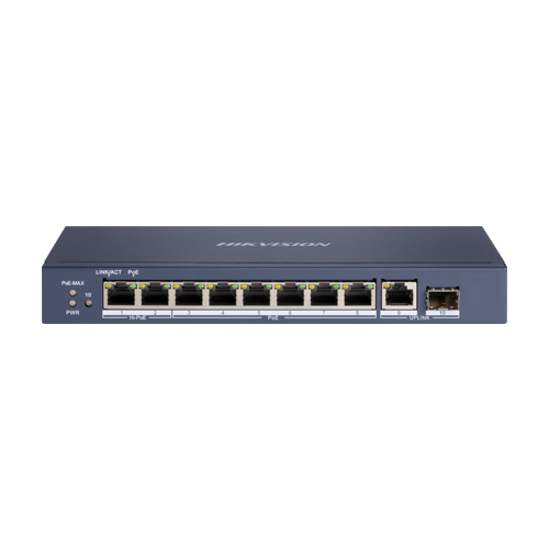 Switch 8 porturi Hi-PoE, 1 x RJ45 Gigabit Uplink, 1 x SFP Gigabit – HIKVISION DS-3E0510HP-E