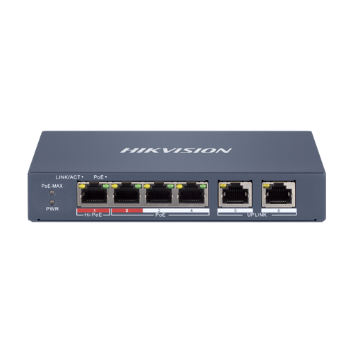 Switch 4 x RJ45 100 Mbps PoE at/af/bt, 2 x RJ45 100 Mbps Uplink, Management – HIKVISION DS-3E1106HP-EI