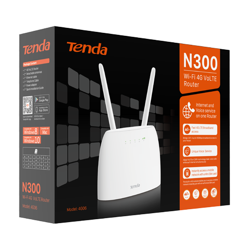 Router 4G, Wi-Fi, N300, 2.4GHz, 1 x SIM, 2 x RJ45 10/100 Mbps, 1 x RJ11 – TENDA TND-4G06