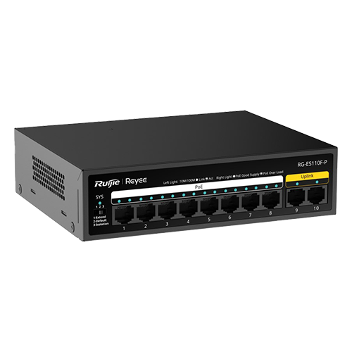 Switch L2, 8 x RJ45 10/100 Mbps PoE, 2 x RJ45 10/100 Mbps, Unmanaged – Ruijie Reyee RG-ES110F-P