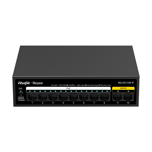 Switch L2, 8 x RJ45 10/100 Mbps PoE, 2 x RJ45 10/100 Mbps, Unmanaged – Ruijie Reyee RG-ES110F-P