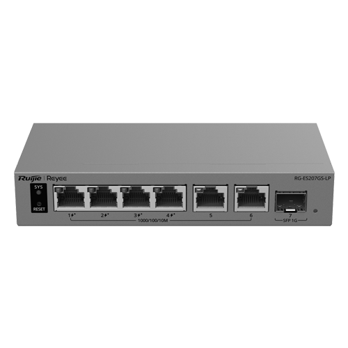 Switch L2, 6 x RJ45 1G (4 x PoE+), 1 x SFP 1G, Putere PoE 40W, Cloud Management – Ruijie Reyee RG-ES207GS-LP