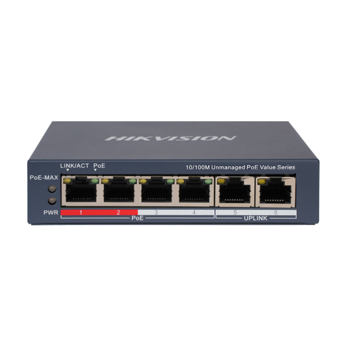 Switch 4 x RJ45 10/100 Mbps PoE, 2 x RJ45 10/100 Mbps, Unmanaged – HIKVISION DS-3E0106P-E-M