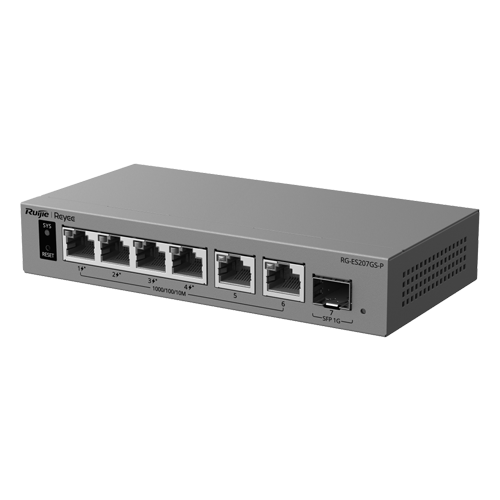 Switch L2, 6 x RJ45 1G (4 x PoE+), 1 x SFP 1G, Putere PoE 54W, Cloud Management – Ruijie Reyee RG-ES207GS-P